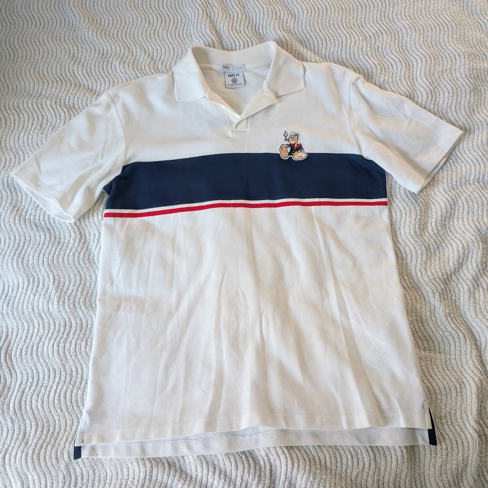Zara Papeye White Polo with Navy and Red Accents